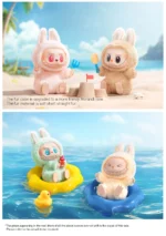 Two Labubu plush toys, one in a pink bunny costume and the other in a green bunny costume, are playing on the beach and water. The pink plush is building a sandcastle, while the green plush is enjoying an ice cream on a float. The image highlights the trendy Morandi-tone fur colors and includes fun props like a rubber duck and beach accessories