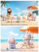 A vibrant beach scene featuring Labubu plush toys in bunny costumes with three different expressions: eyes open, blinking, and eyes closed. The plush toys are playing on the beach, building a sandcastle, and enjoying a sunny day. The second part of the image showcases a sitting posture version of the plush toys, relaxing with popsicles, a beach chair, and a can of Pop Mart soda