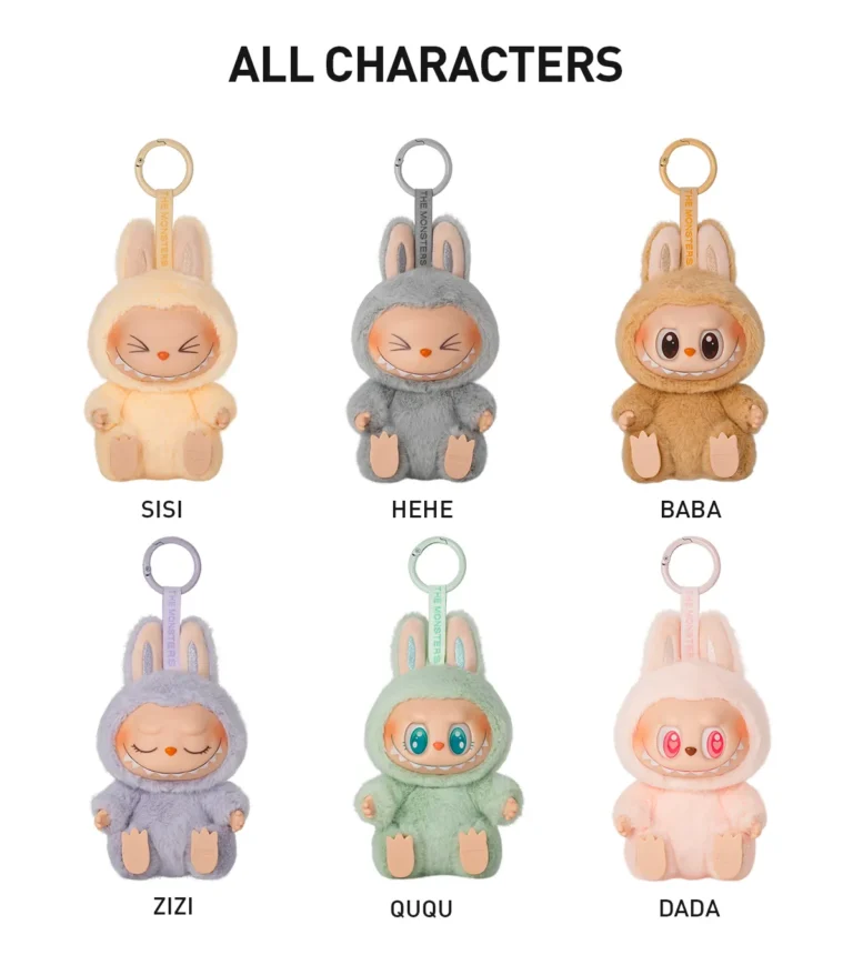 A collection of Labubu plush toys, each in a fluffy bunny costume with keychains attached. The characters include Sisi, Hehe, Baba, Zizi, Ququ, and Dada, each with distinct expressions. The toys are displayed with their names listed below, emphasizing their unique personalities and soft fur colors