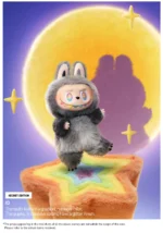 Secret Edition ID figure with gradient rainbow-colored teeth and glittery rainbow pupils. Featuring a fluffy, gray bunny costume and standing on a colorful star-shaped platform with a purple moon and yellow star in the background. A vibrant and magical collectible piece