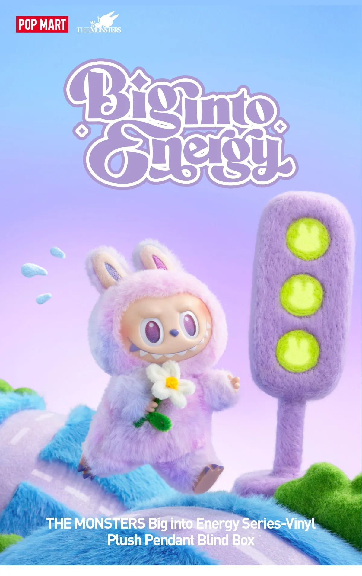 Big Into Energy series from Pop Mart featuring The Monsters vinyl plush pendant blind box. A LABUBU figure wearing a pastel purple bunny costume, holding a flower, and standing near a colorful traffic light in a whimsical landscape. The image promotes the product with a fun, vibrant, and playful design