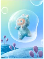 Hope collectible figure in a soft, pastel blue bunny costume, floating inside a large soap bubble in a whimsical, dreamy landscape. The figure smiles with sparkling blue eyes, surrounded by fluffy, purple-tipped plants on a colorful, soft hill under a gradient sky