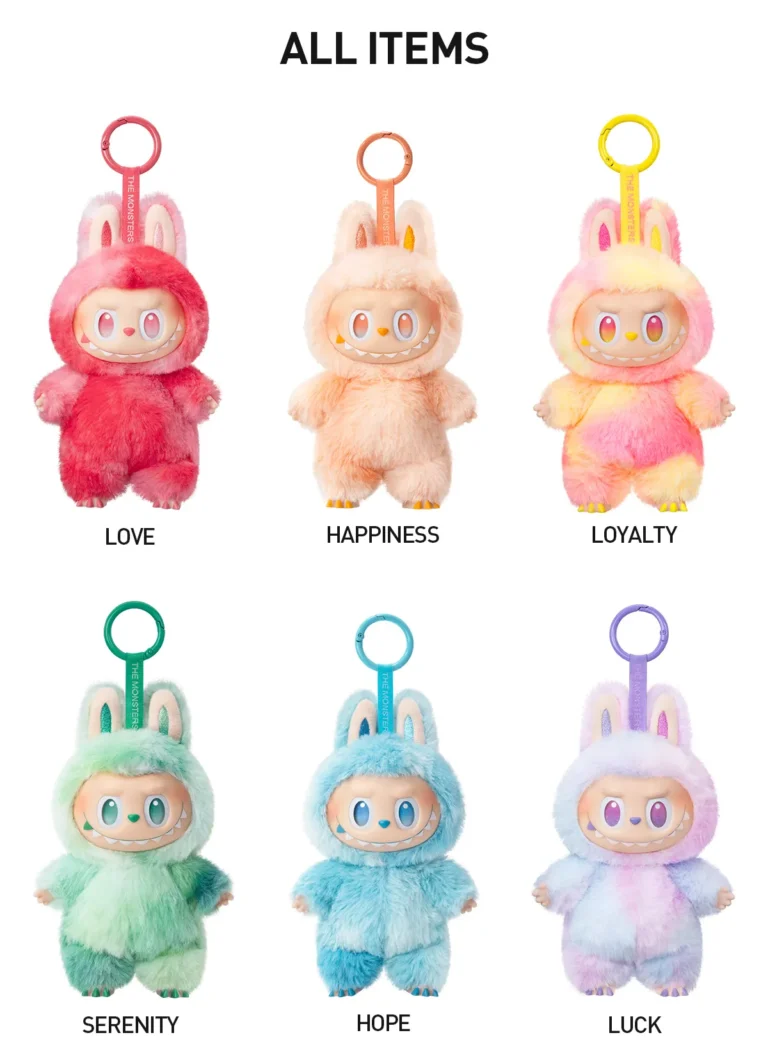 Collection of plush vinyl pendant figures from The Monsters 'Big into Energy' series by Pop Mart. Features six adorable LABUBU characters in colorful bunny costumes: Love, Happiness, Loyalty, Serenity, Hope, and Luck. Each plush has a unique pastel color scheme with matching colored rings for easy attachment. The characters are designed with fun and playful expressions, making them perfect for collectors and fans
