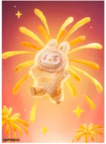 LABUBU collectible figure in a fluffy yellow bunny costume, jumping joyfully amidst a vibrant display of fireworks and stars. The whimsical setting evokes feelings of happiness and excitement, perfect for any collector. The figure's radiant smile and fluffy texture capture the essence of joy