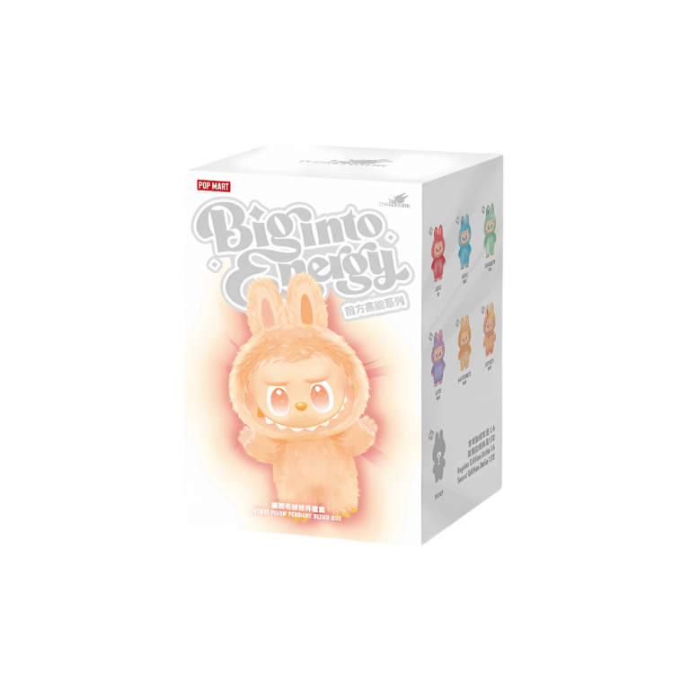 This image shows the packaging for a Big Into Energy Labubu figure, featuring the character in a fluffy, orange bunny costume. The box includes images of various color variants of the figure, with different energy-themed designs. These variants range in color from blue to green and red, with the box showing a mystery element, as it's unclear which variant is inside. The design of the box itself is playful and vibrant, perfectly reflecting the cheerful nature of the collection