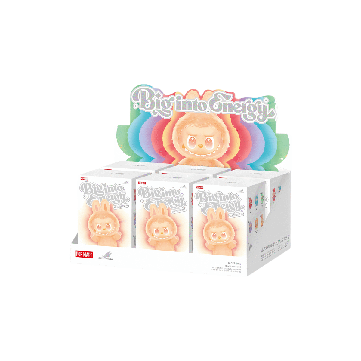 This image displays the Big Into Energy blind box display, showcasing multiple boxes arranged on a shelf. The boxes are part of the Pop Mart collection, and the display features a rainbow-colored backdrop with the "Big Into Energy" logo at the top. The colorful backdrop adds an energetic and vibrant feel to the display. The figures inside are from the "Big Into Energy" collection, and each blind box is a mystery item, with various character designs available. The bright colors and playful theme reflect the lively nature of the figures within