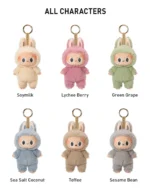 A collection of Labubu plush toys in various colors and bunny costumes, each featuring a keychain attachment. The characters include Soymilk, Lychee Berry, Green Grape, Sea Salt Coconut, Toffee, and Sesame Bean, displayed with their corresponding names under each plush