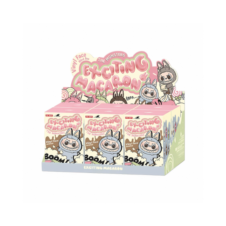 The image shows a display box for the Exciting Macaron vinyl plush blind boxes. The packaging features various "The Monsters" characters, all dressed in bunny outfits with playful facial expressions. The display box is colorful with the text "Exciting Macaron" prominently shown, and the brand POP MART is displayed as well. This setup highlights the collectible nature of the items, suggesting that there are multiple blind-boxed figures inside. The playful design captures the fun and whimsical style of the products.
