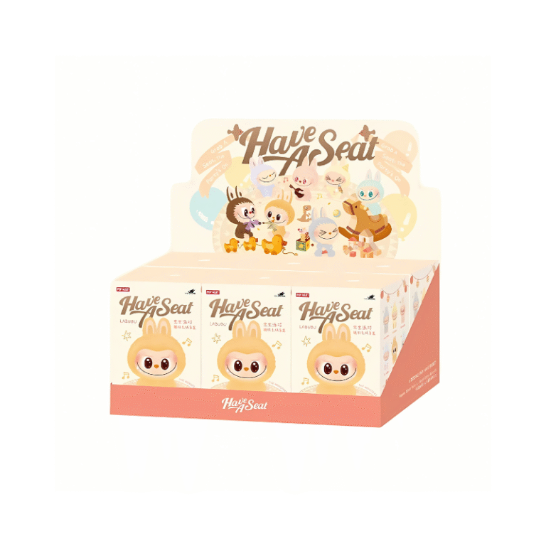 This image shows the display box for the Have A Seat vinyl plush blind boxes by Pop Mart. The box is designed with a light, pastel color palette and features several of the characters in the series. The prominent character is Labubu, dressed in a fluffy bunny costume. Other characters are playfully illustrated across the top of the box, showing the whimsical and cute nature of this collection. The design also includes stars and musical notes, adding a cheerful vibe to the display