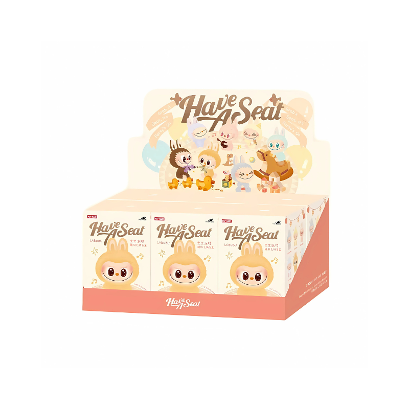 This image shows the display box for the Have A Seat vinyl plush blind boxes by Pop Mart. The box is designed with a light, pastel color palette and features several of the characters in the series. The prominent character is Labubu, dressed in a fluffy bunny costume. Other characters are playfully illustrated across the top of the box, showing the whimsical and cute nature of this collection. The design also includes stars and musical notes, adding a cheerful vibe to the display
