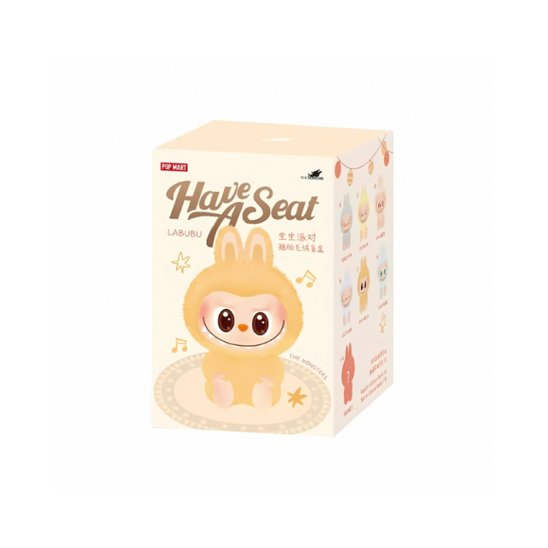 This image shows a box for the Have A Seat vinyl plush blind box series by Pop Mart. The box features the character Labubu, which is dressed in a soft, fluffy bunny outfit. The design includes light pastel colors with playful star and musical note elements. It highlights several available figures in the collection with small windows on the sides of the box showing the characters. The design evokes a whimsical and cute aesthetic typical of Pop Mart's "The Monsters" series